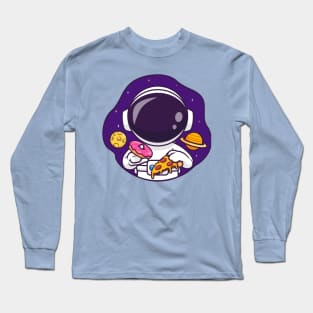 Cute Astronaut Eating Donut And Pizza In Space Cartoon Long Sleeve T-Shirt